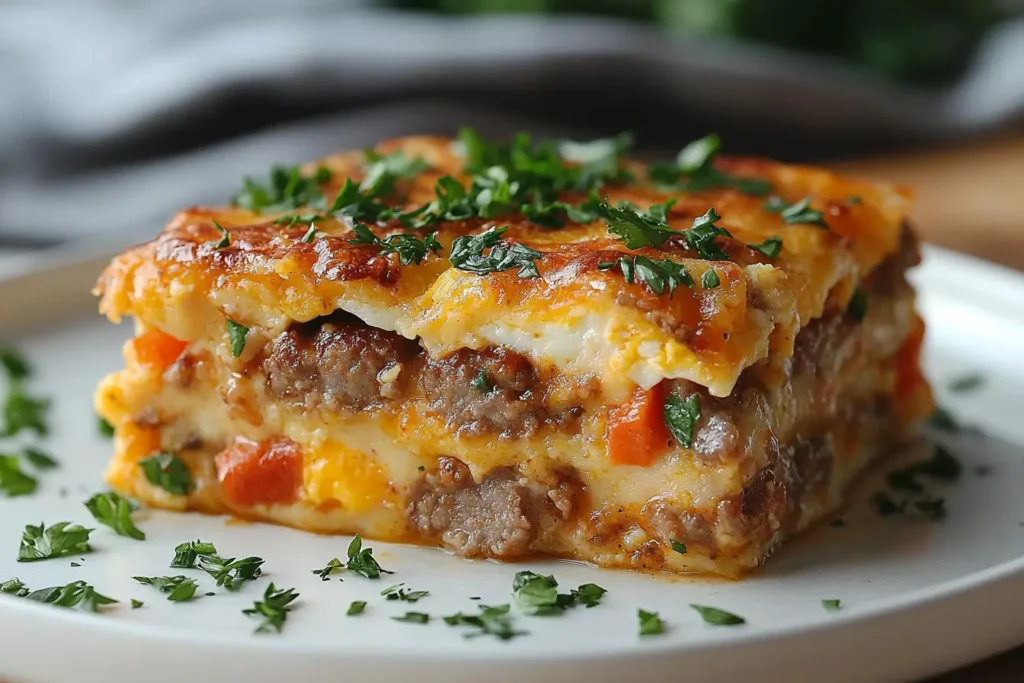 A close-up photo of a slice of breakfast casserole with layers of eggs, sausage, vegetables, and melted cheese