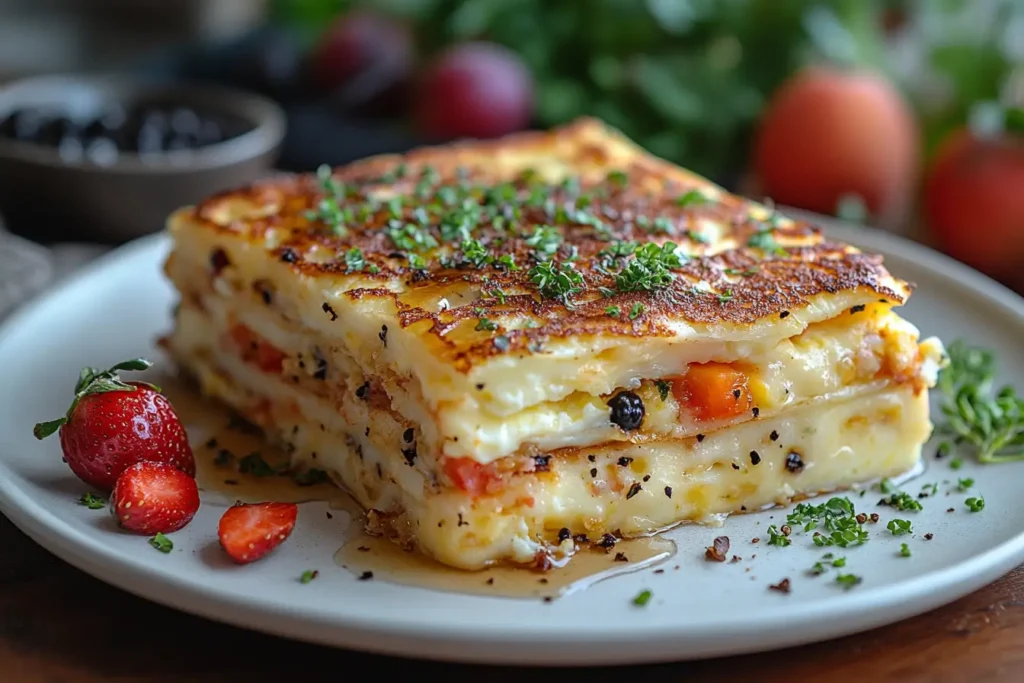 Pancake breakfast casserole on a breakfast table