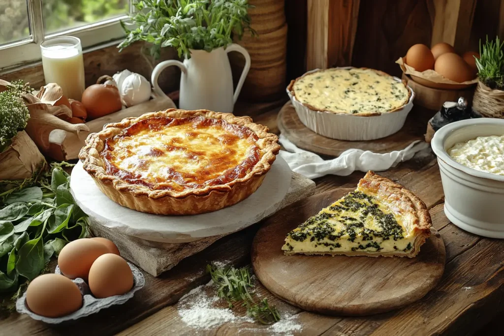 A visually appealing food spread featuring different types of egg-based pies, surrounded by fresh ingredients on a rustic wooden table.