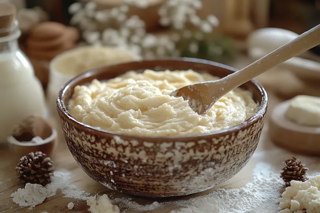 Thick pancake batter being stirred in a bowl