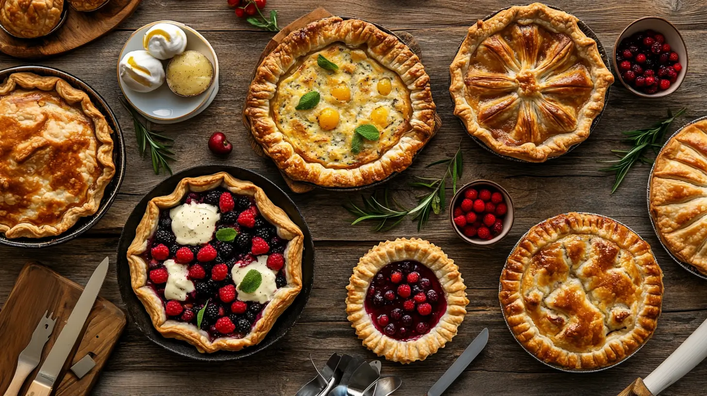 Assorted breakfast pies, including a quiche, sweet berry pie, and a mini hand pie, arranged on a rustic table with utensils and ingredients