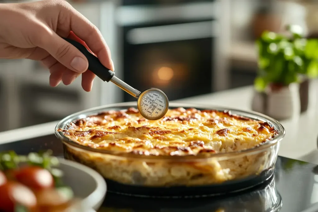 A hand holding a food thermometer in a breakfast casserole, testing for doneness in a modern kitchen setting