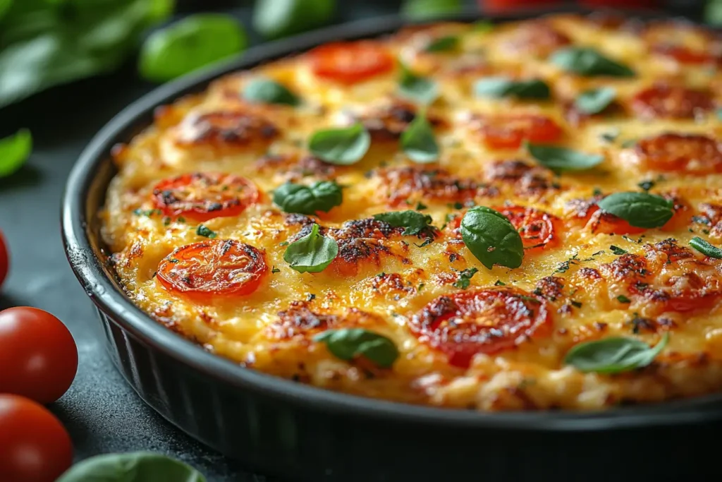 A healthy breakfast casserole with vibrant vegetables like spinach, tomatoes, and bell peppers