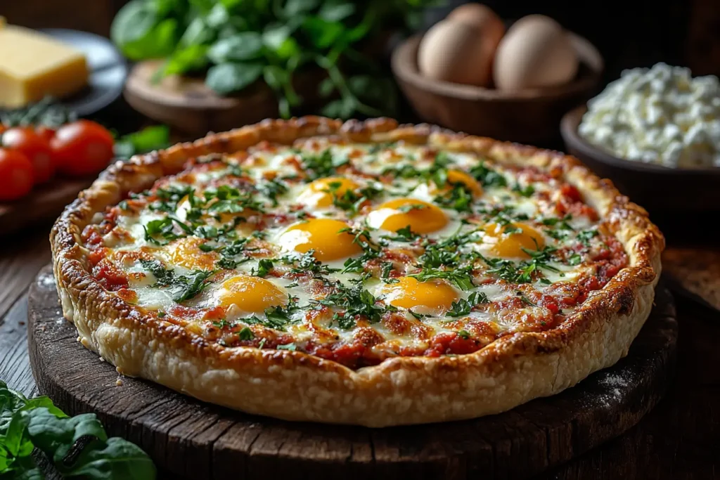 A freshly baked breakfast pie on a wooden table, garnished with herbs and surrounded by fresh ingredients