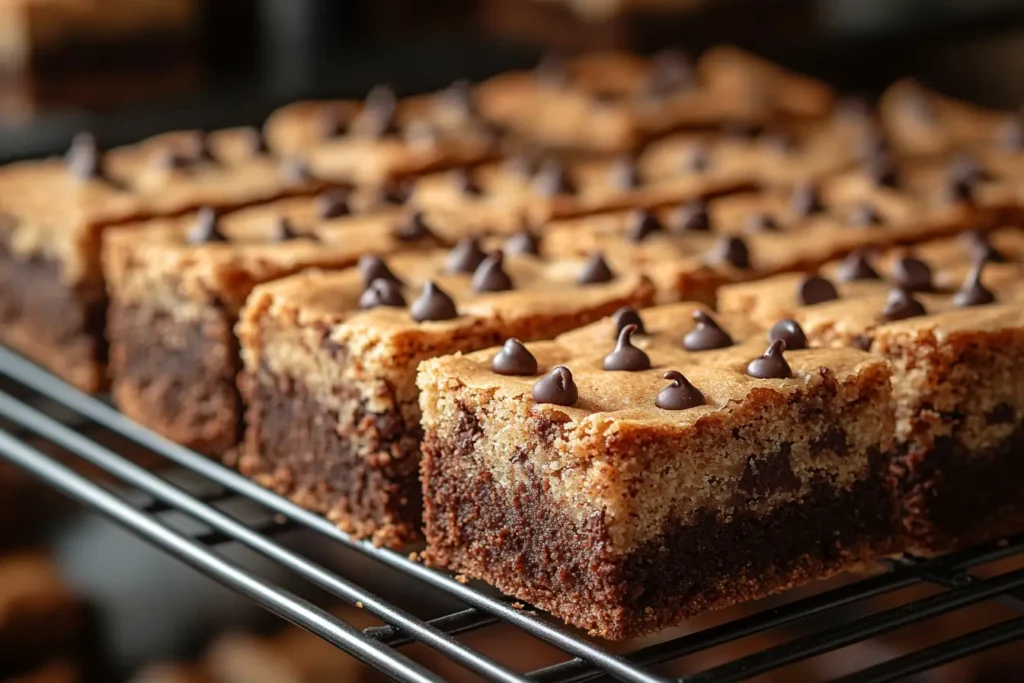 Close-up of a sliced Bronkie showing a dense, chocolatey brownie layer topped with a golden, soft cookie layer