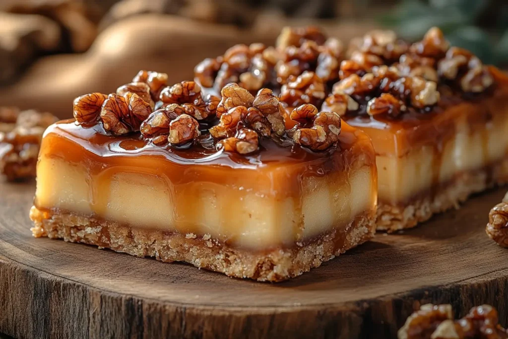 Bronkies topped with caramel drizzle and chopped walnuts, showcasing a creative dessert variation