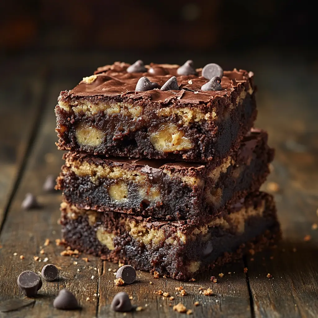 Brookie dessert with distinct brownie and cookie layers, styled on a rustic wooden table with chocolate chips scattered around