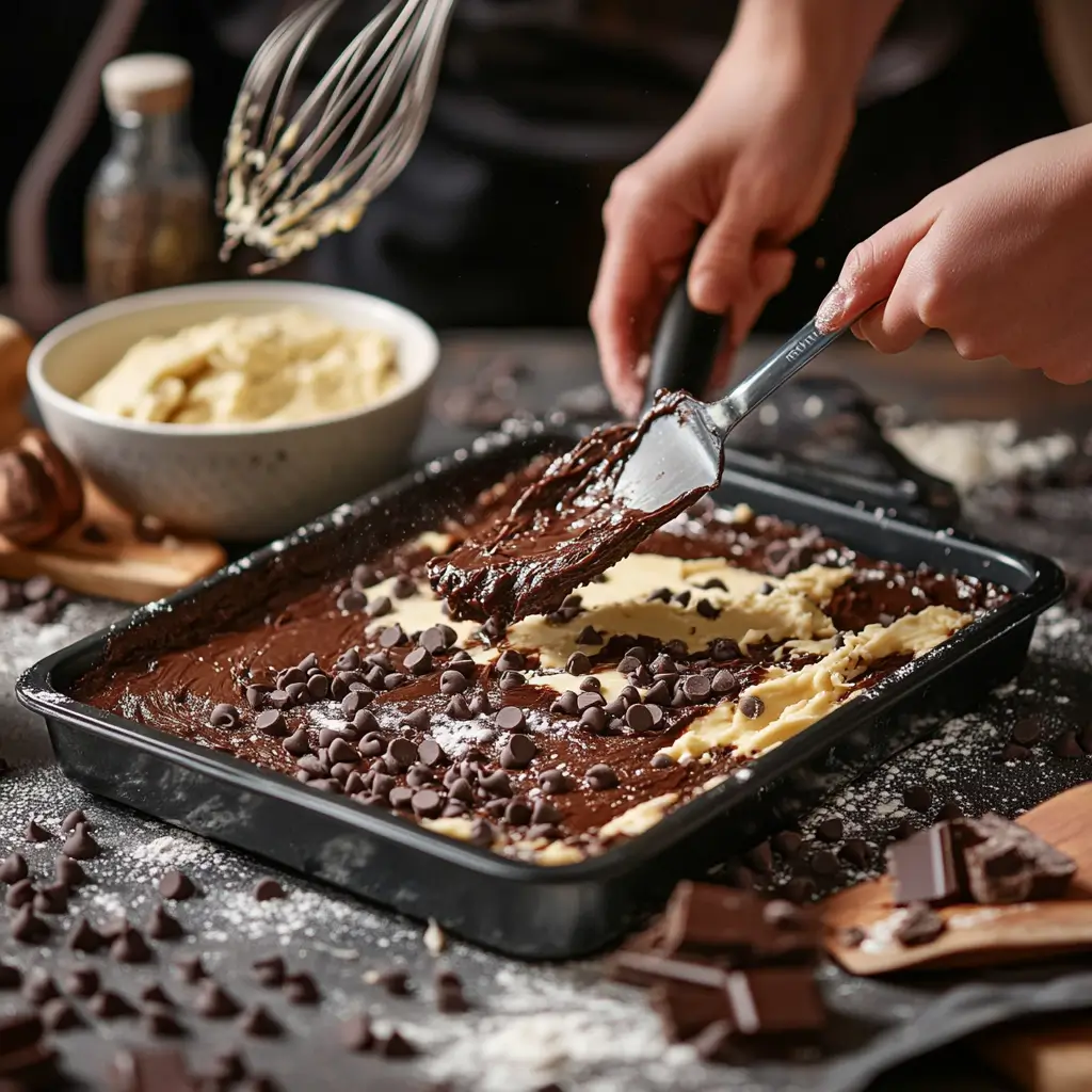 Hands layering brownie batter into a baking tray with cookie dough and ingredients in the background

