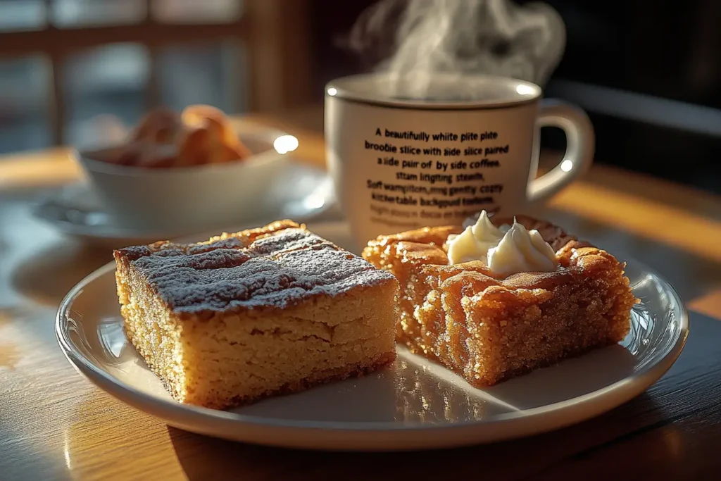 Brookie and blondie slices on a white plate next to a cup of hot coffee