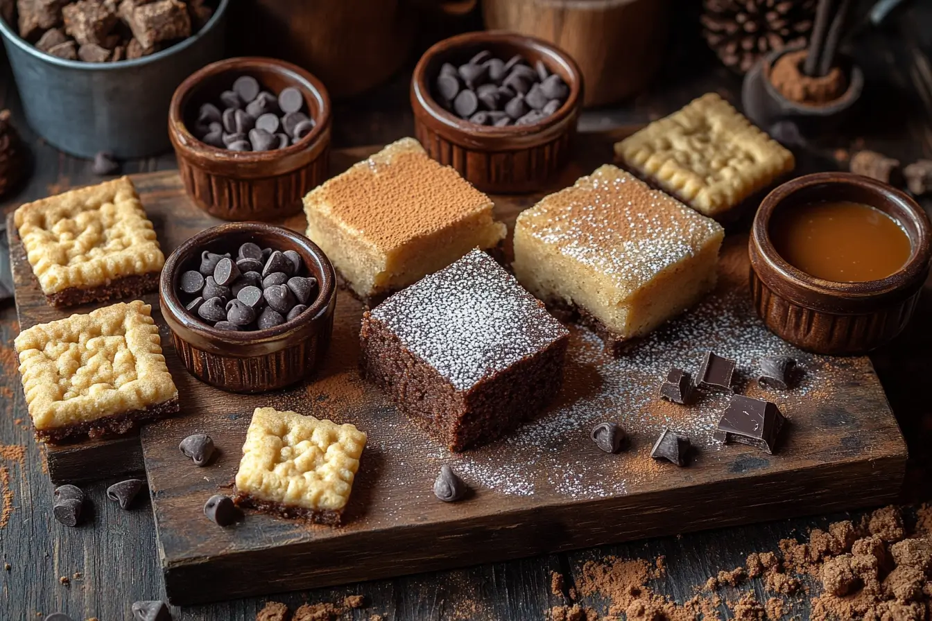 A dessert board with brookies, blondies, chocolate chips, caramel sauce, and cookie pieces arranged beautifully