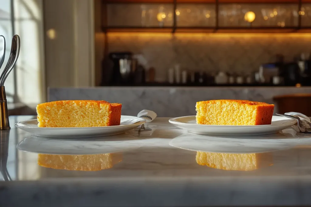 A luxurious kitchen counter with two cornbread slices on fine ceramic plates, comparing buttermilk and milk results