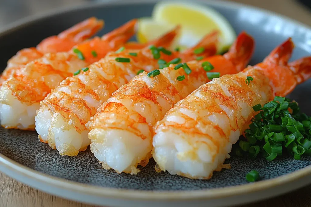 A plate of shrimp tempura with a highlighted tail ready to be eaten