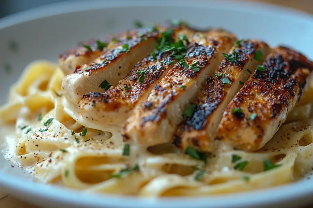 A plate of chicken Alfredo pasta topped with fresh Parmesan and parsley