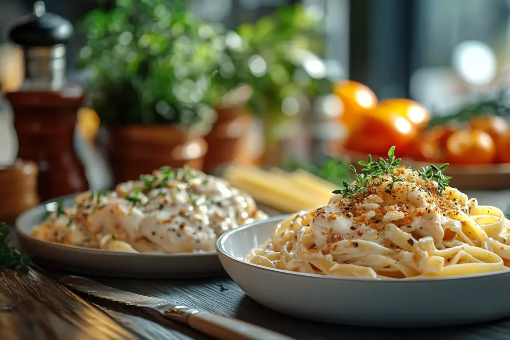 A featured image showcasing Chicken Alfredo and Carbonara side by side on a rustic wooden table