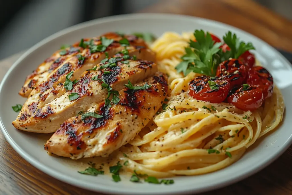 Side-by-side comparison of Chicken Alfredo and Carbonara pasta dishes