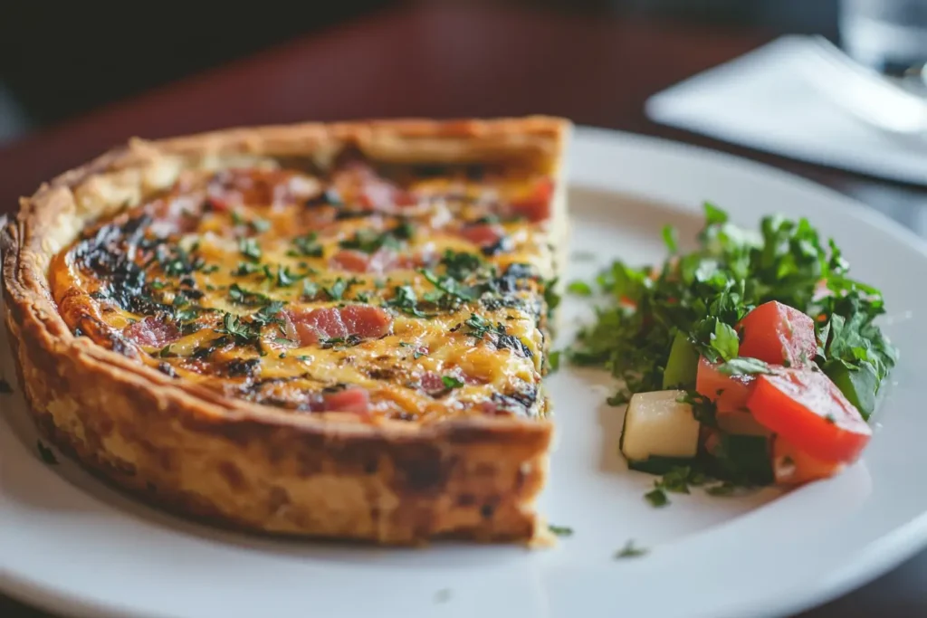 A savory quiche Lorraine topped with cheese and vegetables on a ceramic plate