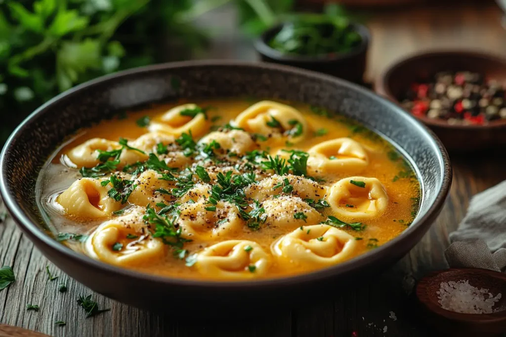 Tortellini in brodo served in a white bowl with chicken broth and garnished with parsley