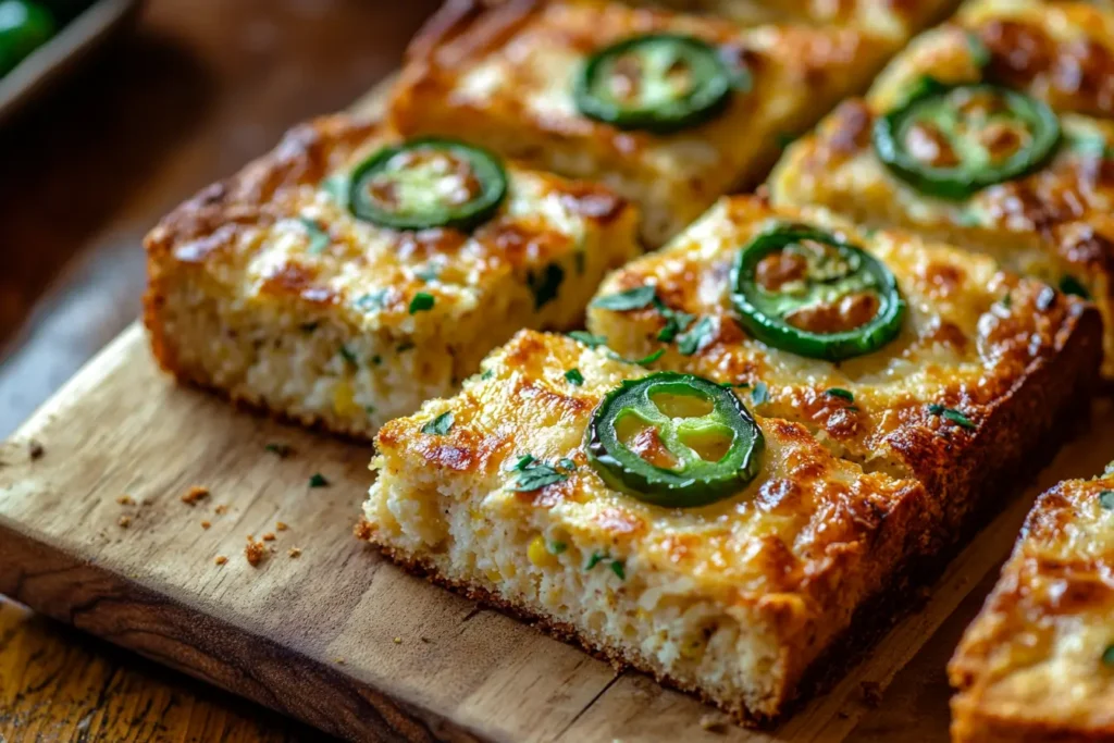 A loaf of jalapeño and cheese Southern cornbread, with golden edges and visible green jalapeño slices