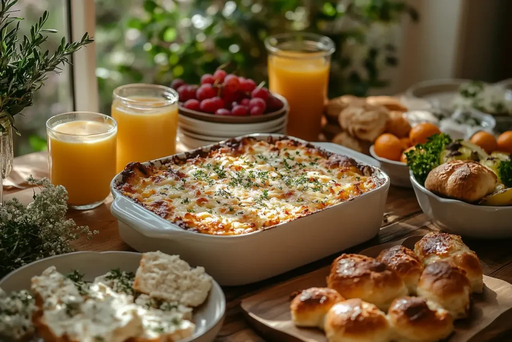 A family brunch table set with a breakfast casserole surrounded by fresh fruit, juice, and bread.