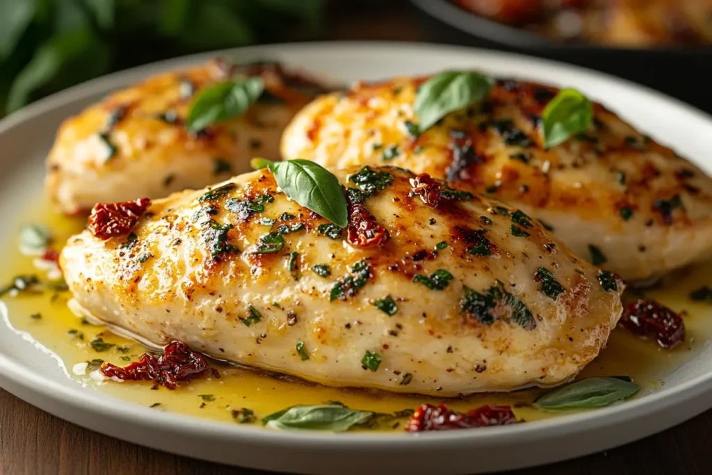 Marry Me Chicken in a skillet with creamy sauce, sun-dried tomatoes, and fresh basil garnish