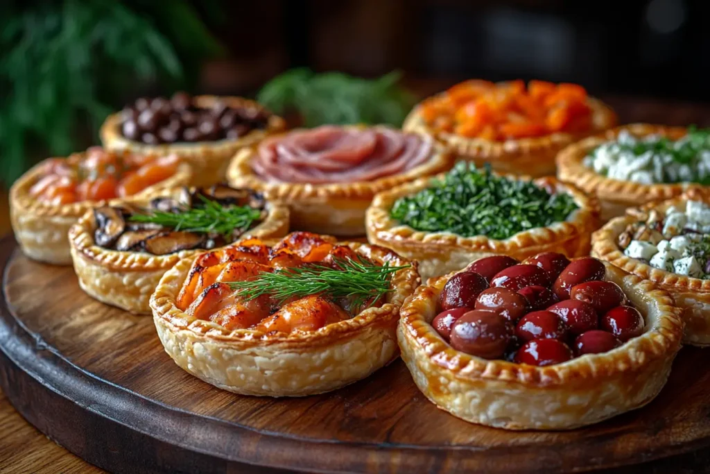 An assortment of breakfast pies, showcasing different styles and flavors like vegetarian, smoked salmon, and Mediterranean