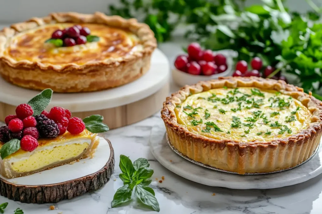 A sweet egg pie and a savory quiche elegantly displayed on a marble surface with garnishes