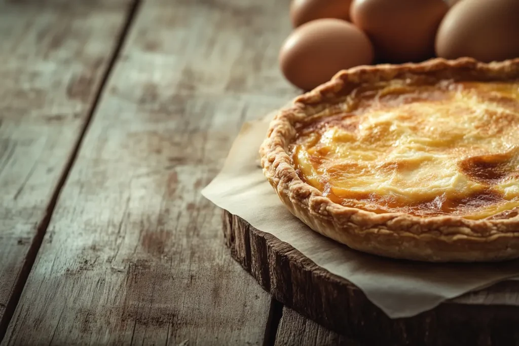 A freshly baked Filipino egg pie with a golden crust on a wooden table