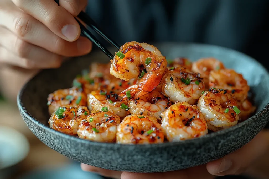 A satisfied diner enjoying shrimp tempura with a dipping sauce