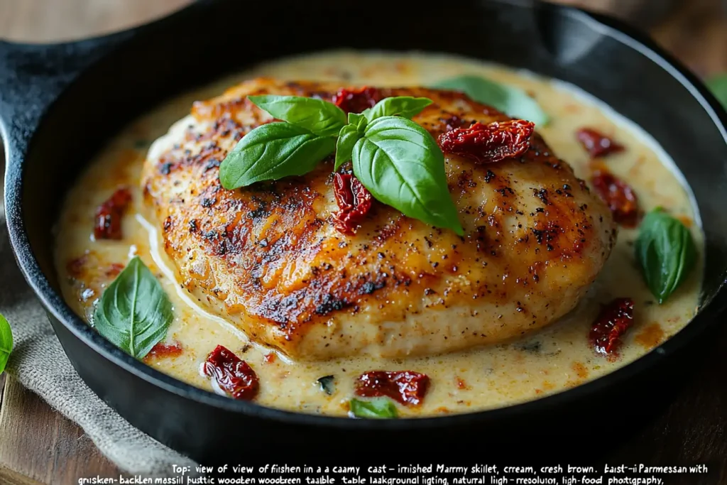 Marry Me Chicken in a skillet with creamy sauce, sun-dried tomatoes, and fresh basil garnish