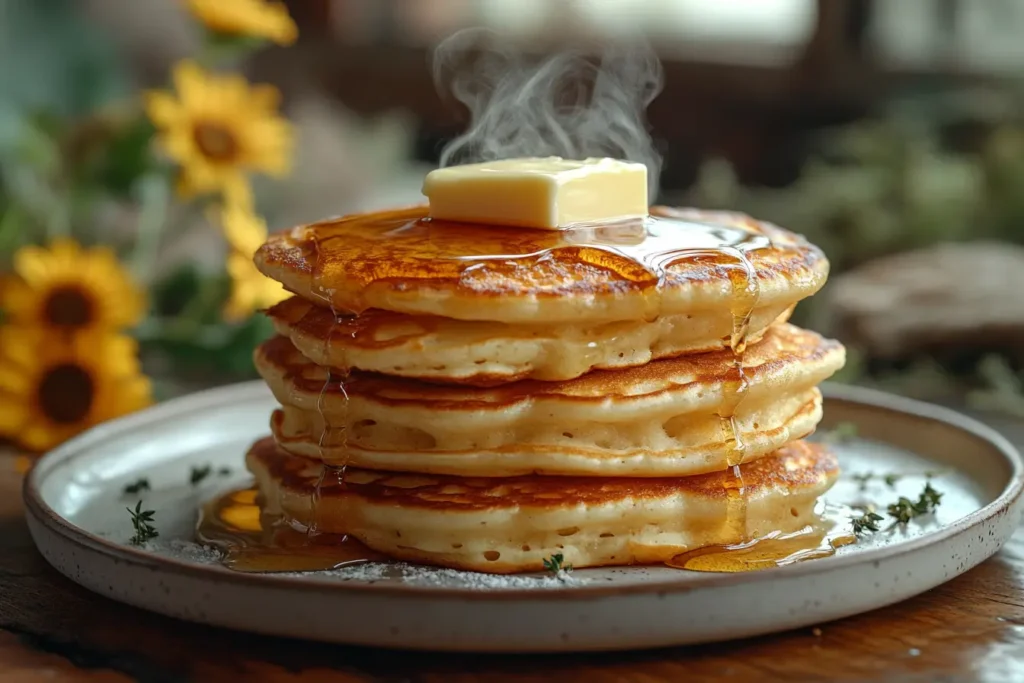 Fluffy pancakes stacked high on a breakfast plate