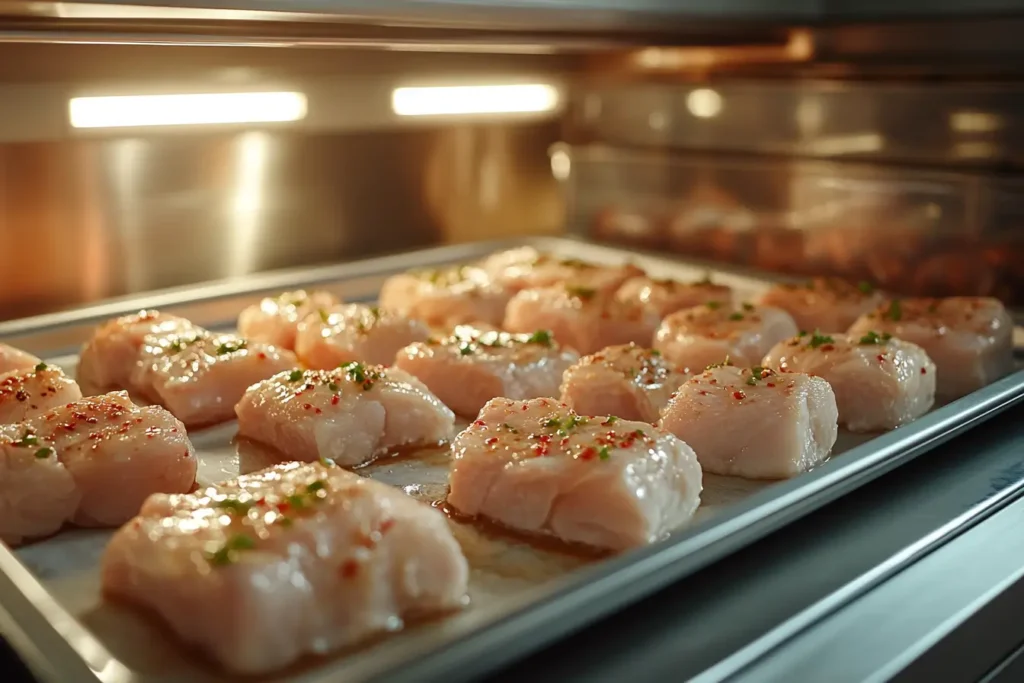 Chicken pieces laid flat on a baking sheet lined with parchment paper before freezing.