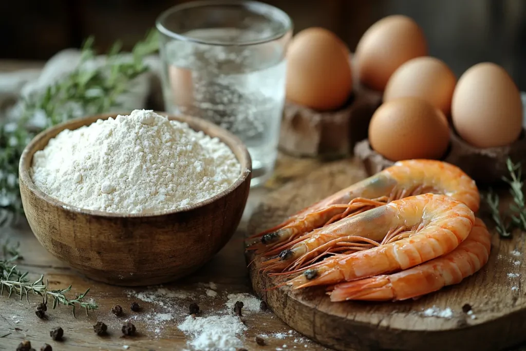 Fresh shrimp, flour, eggs, and cold water on a wooden countertop