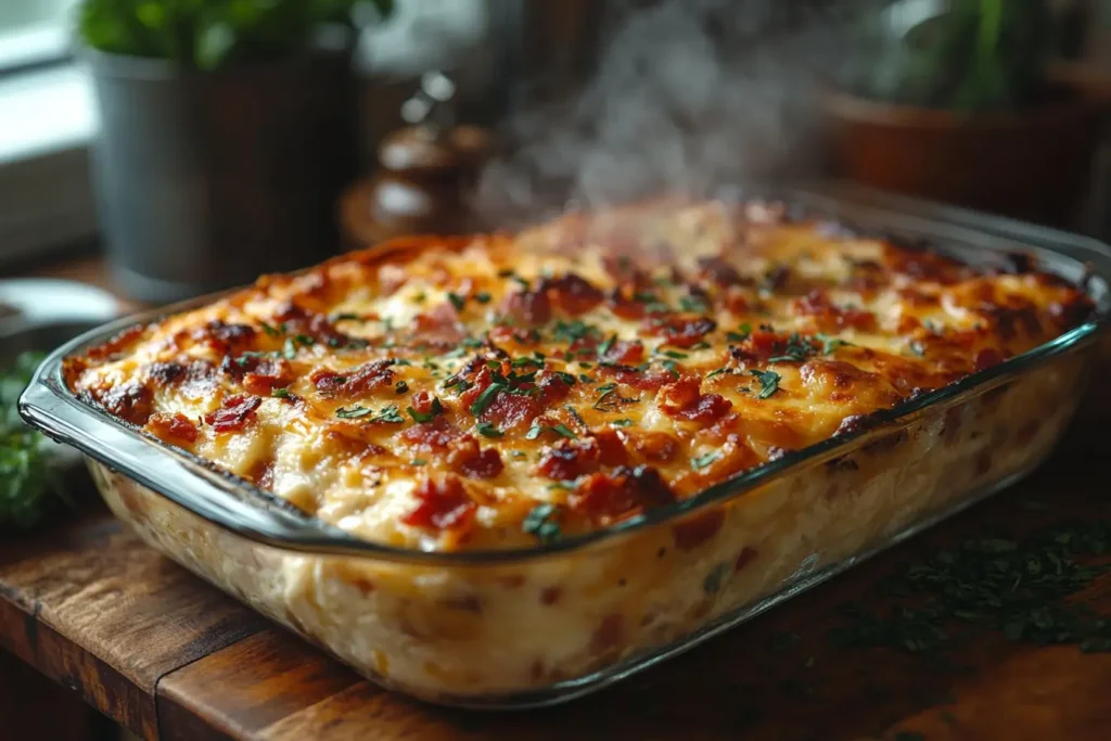 A baked breakfast casserole in a glass dish topped with melted cheese, crispy bacon, and bell peppers