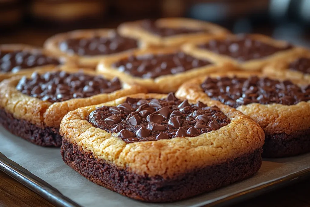 Freshly baked Bronkies with a brownie base and cookie top cooling on a baking tray lined with parchment paper