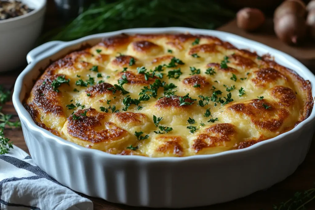 A freshly baked pancake breakfast casserole with melted cheese and herbs