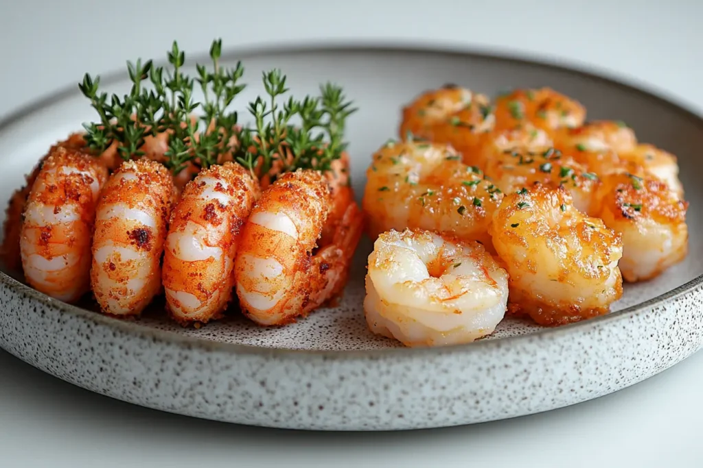 A feature image displaying golden fried shrimp and tempura shrimp side by side on a decorative plate