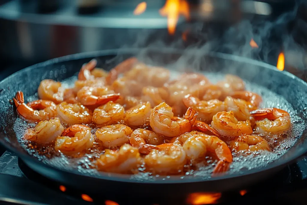 Shrimp being fried in hot oil, bubbling batter creating a crispy shell