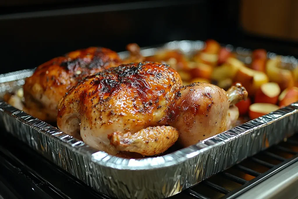 Golden-brown rotisserie chicken on a platter with rosemary, thyme, and sliced lemons