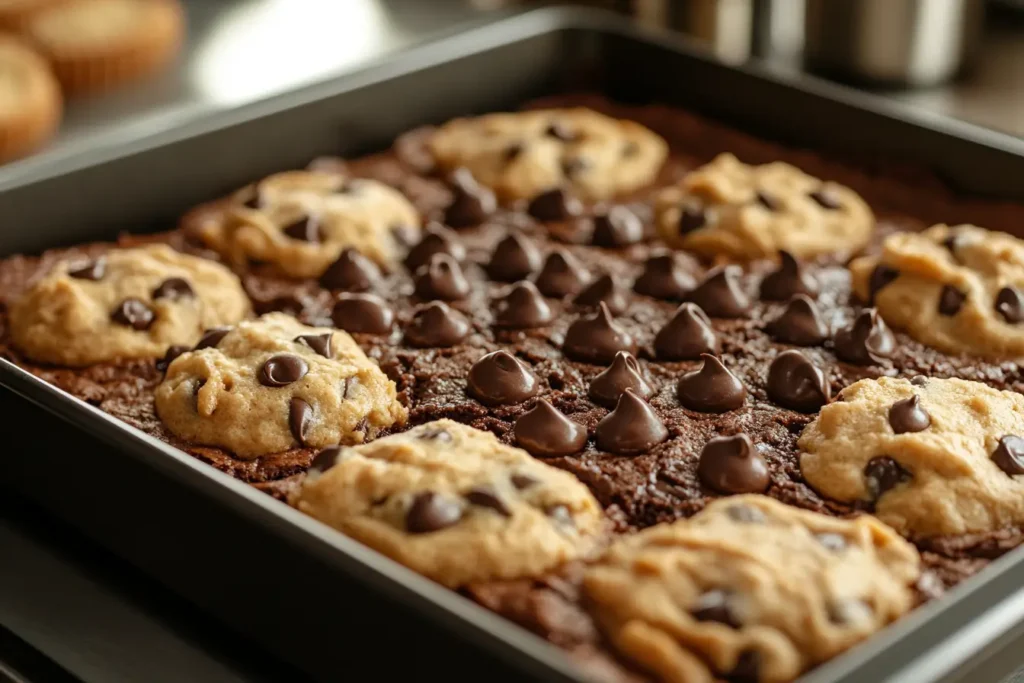 A baking tray with layered brownie batter and cookie dough, ready for the oven