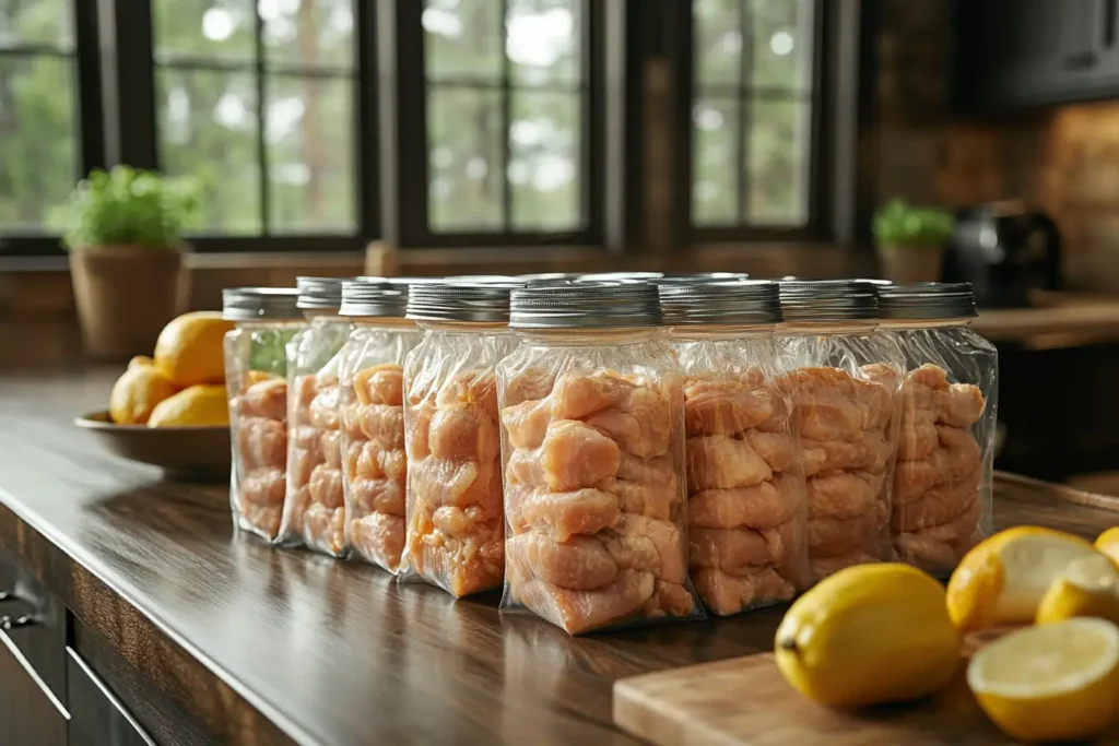 Rotisserie chicken pieces in freezer bags labeled and placed on a wooden countertop.

