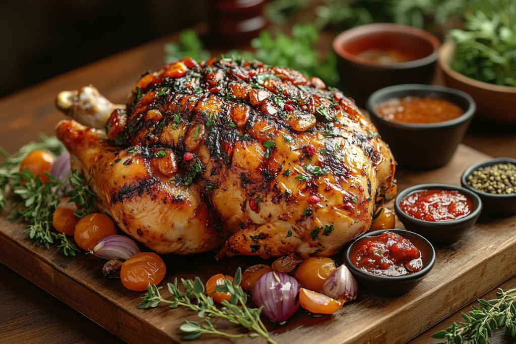 A whole rotisserie chicken surrounded by ingredients like herbs, spices, and sauces on a rustic cutting board