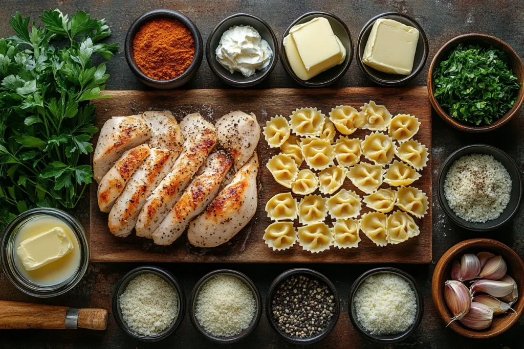 Ingredients for Chicken Tortelloni Alfredo laid out on a kitchen counter