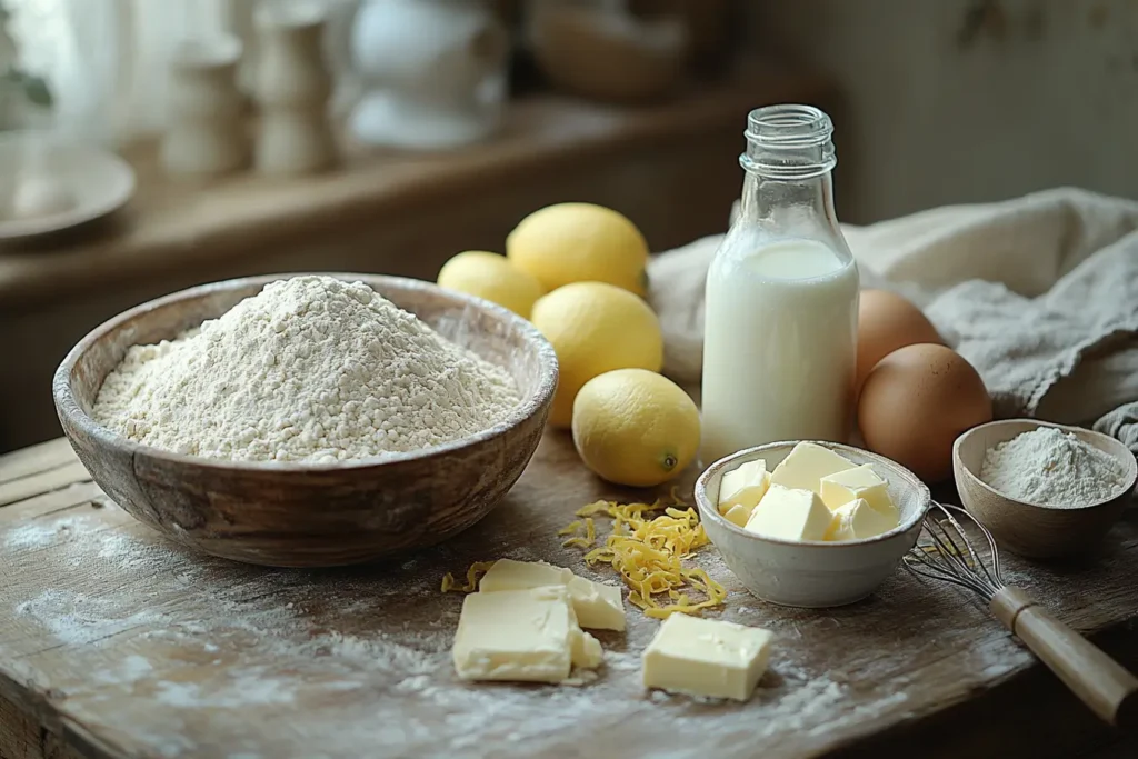 Key ingredients for Queen Elizabeth pancakes arranged on a kitchen countertop: flour, milk, eggs, butter, lemon zest, and a whisk