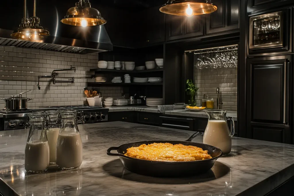 A skillet of golden-brown cornbread on a marble counter in a luxurious hotel kitchen, with buttermilk and milk elegantly displayed