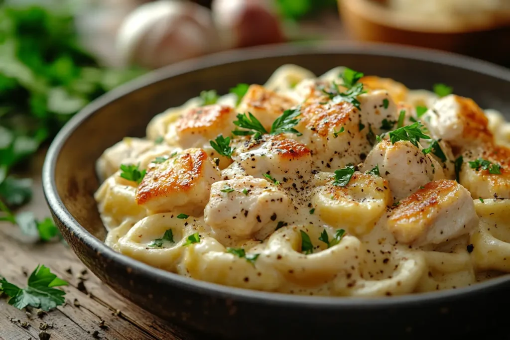 A plate of creamy Chicken Tortelloni Alfredo garnished with parsley