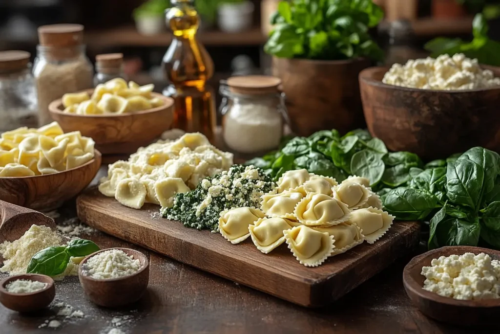 A visual comparison of tortellini and tortelloni on a cutting board, highlighting size and shape differences