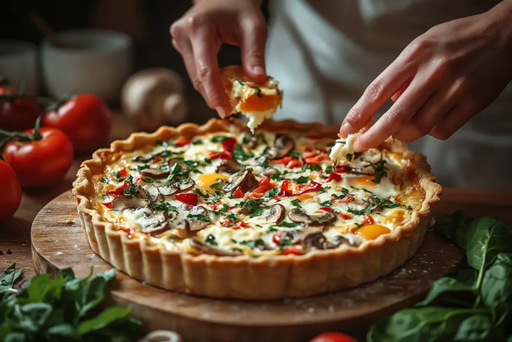 A close-up of hands assembling a breakfast pie with eggs, cheese, mushrooms, and roasted vegetables