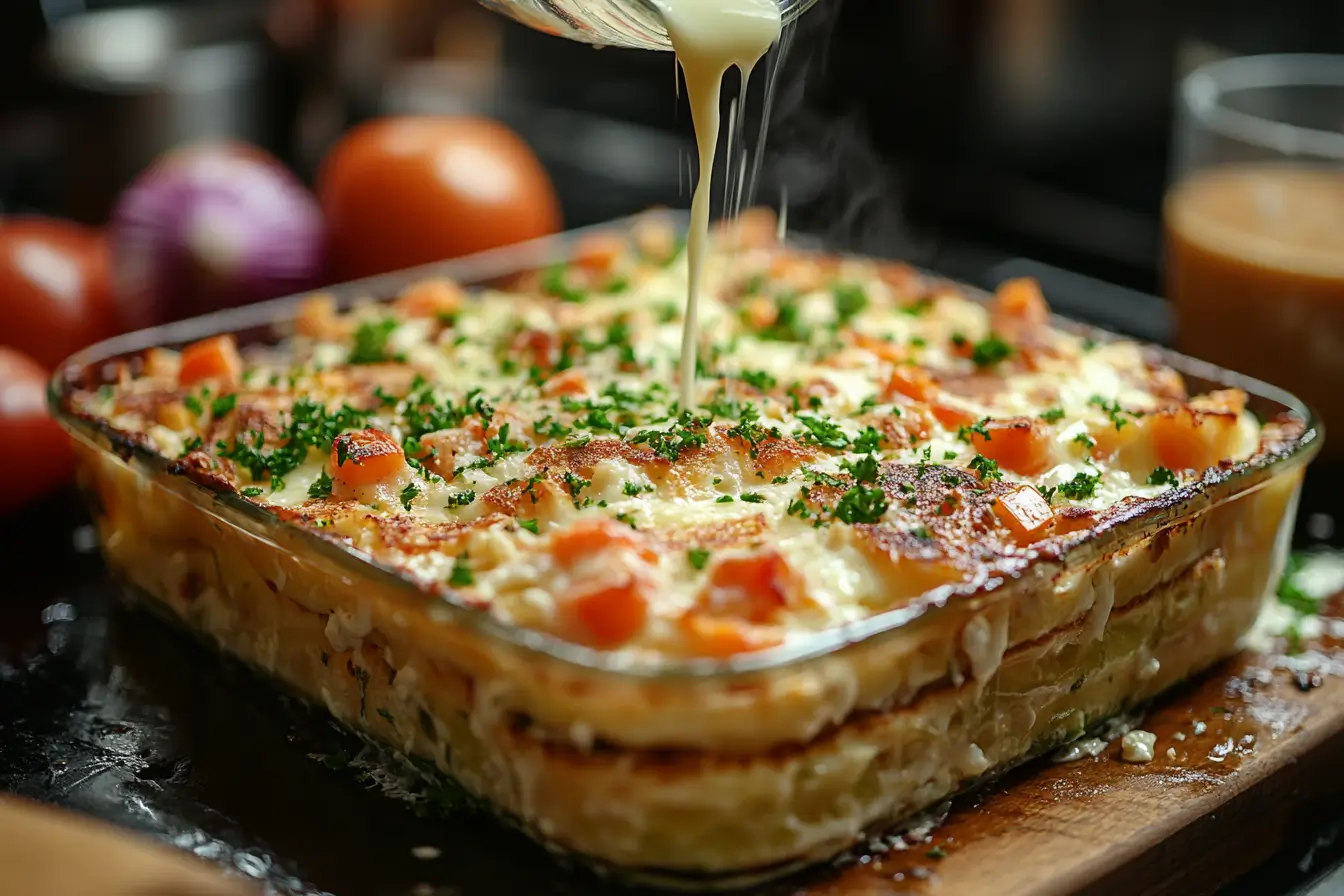 Layering pancakes, cheese, and vegetables in a casserole dish with egg mixture being poured