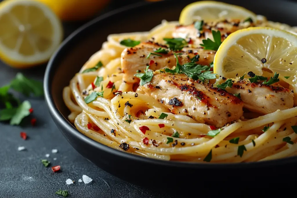 A plate of lemon butter chicken pasta garnished with parsley and lemon slices