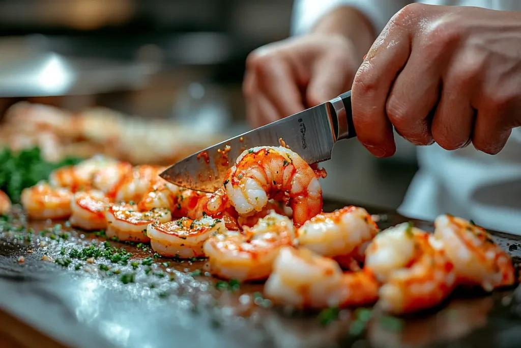 A chef making small incisions on the belly of a shrimp to straighten it for tempura